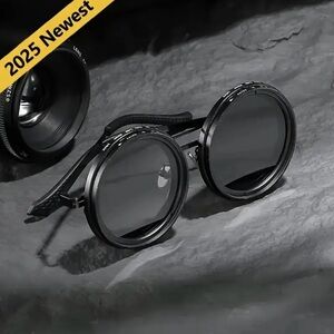Steampunk Style Adjustable Tint Polarized Round Men Sunglasses, All Black